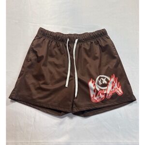Brown Mesh Flame Smiley Face Shorts Basketball Athletic Gym Streetwear